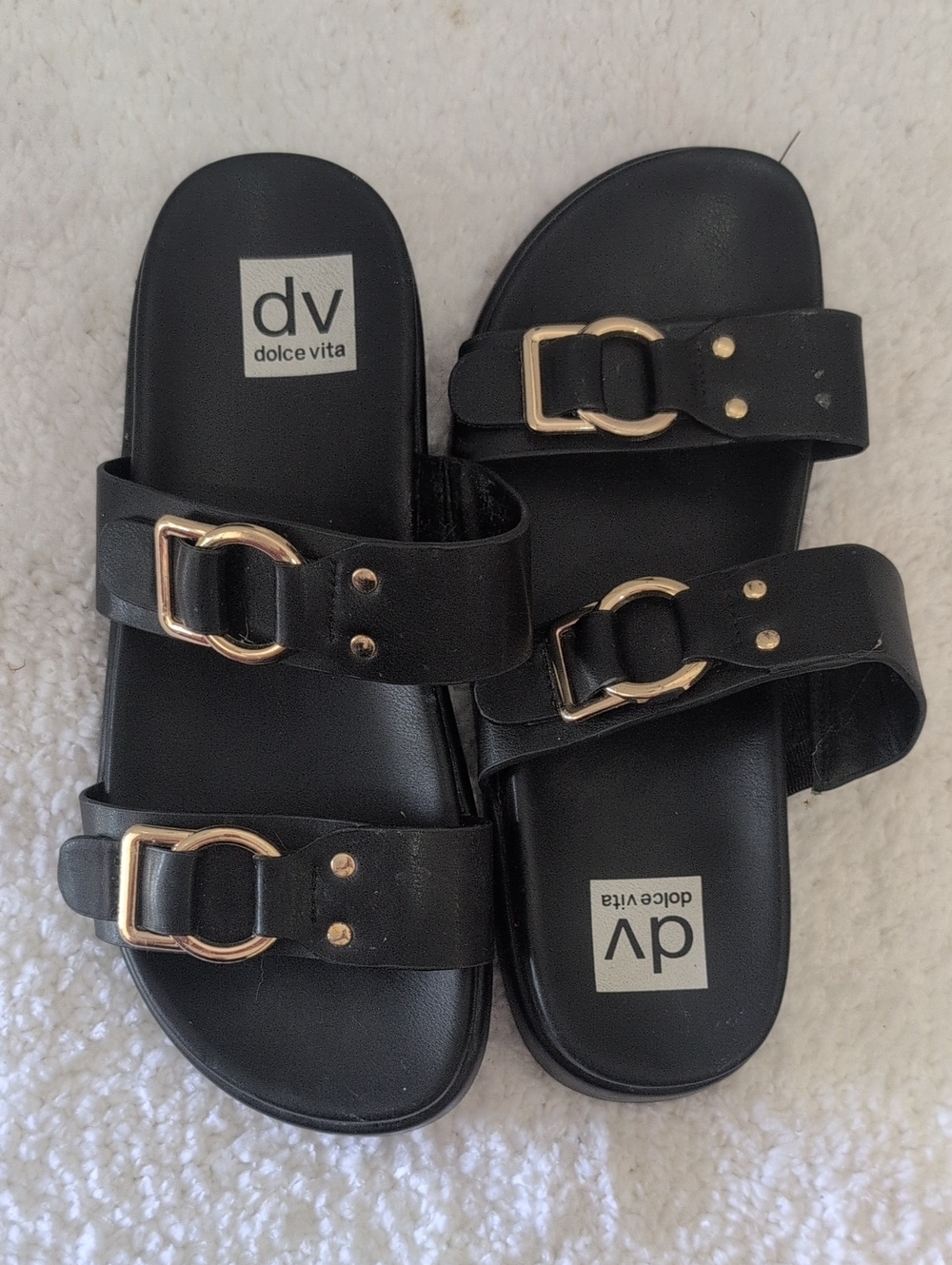 Dolce Vita Black Slide Sandals with Gold Buckle Details